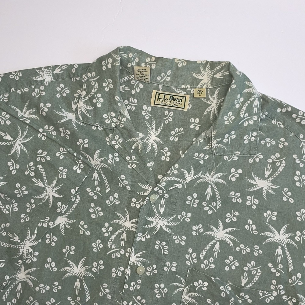 LL Bean Hawaiian Shirt Mens Large Green Floral Short Sleeve Vintage USA Cotton